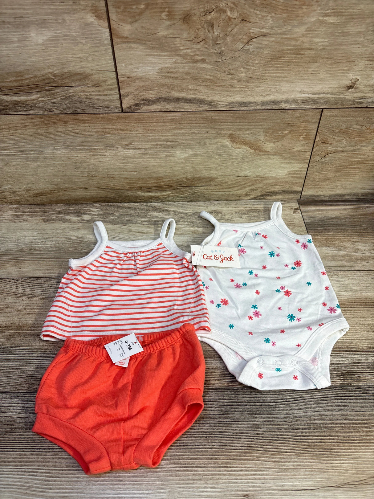 NEW Cat & Jack 3pc Striped Top, Bodysuit & Shorts Set Coral sz 0-3m