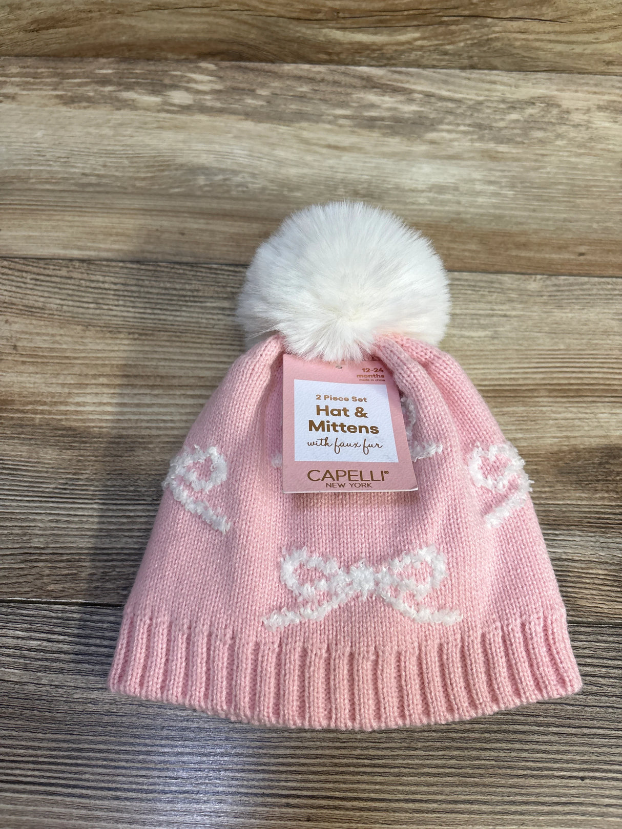NEW Capelli New York 2pc Hat & Mittens Set Pink sz 12-24m