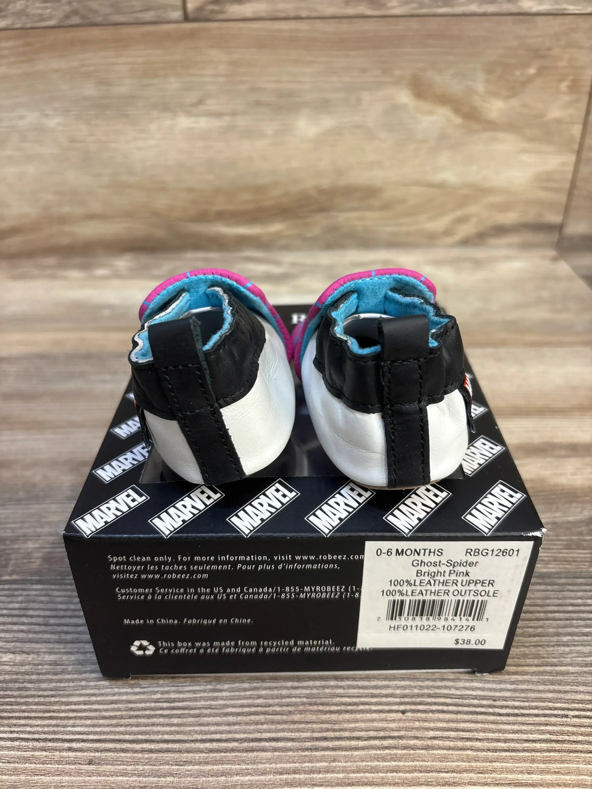 Ghost-Spider baby shoes, 0-6 months, bright pink & blue, 100% leather, Marvel themed, resale kids footwear