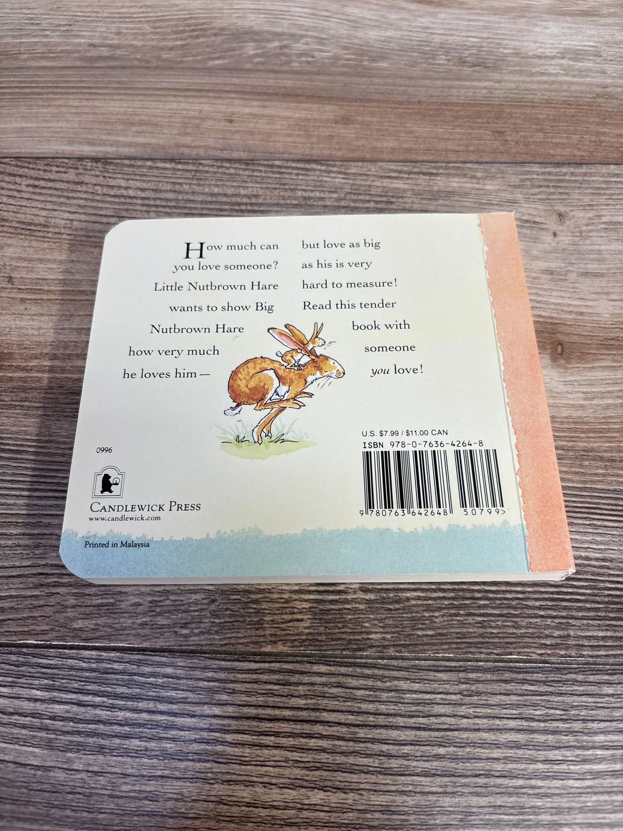 Back cover of 'Guess How Much I Love You' board book with illustration of a brown hare on wood table