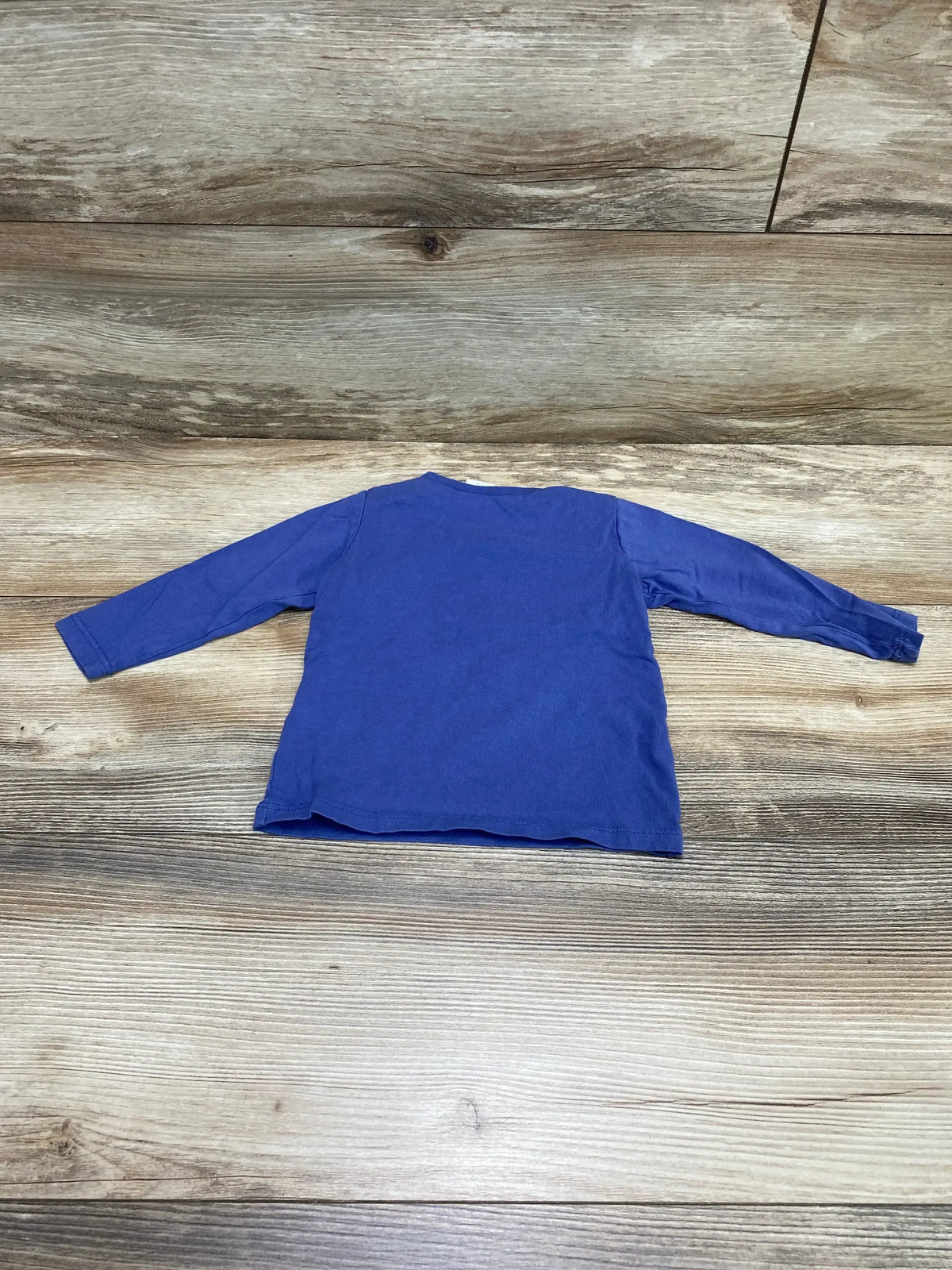 Back view of H&M long-sleeve blue baby shirt size 9 months laid flat on wood background