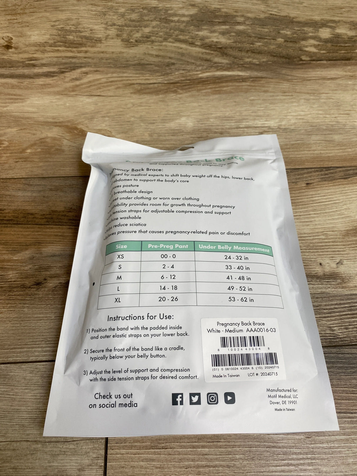 NEW Motif Pregnancy Back Brace White sz Medium