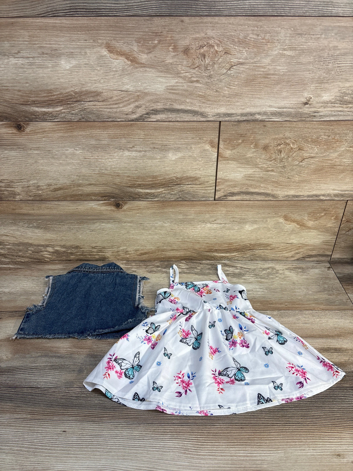 Butterfly Dress & Denim Vest 2pc Set White sz 3-6m