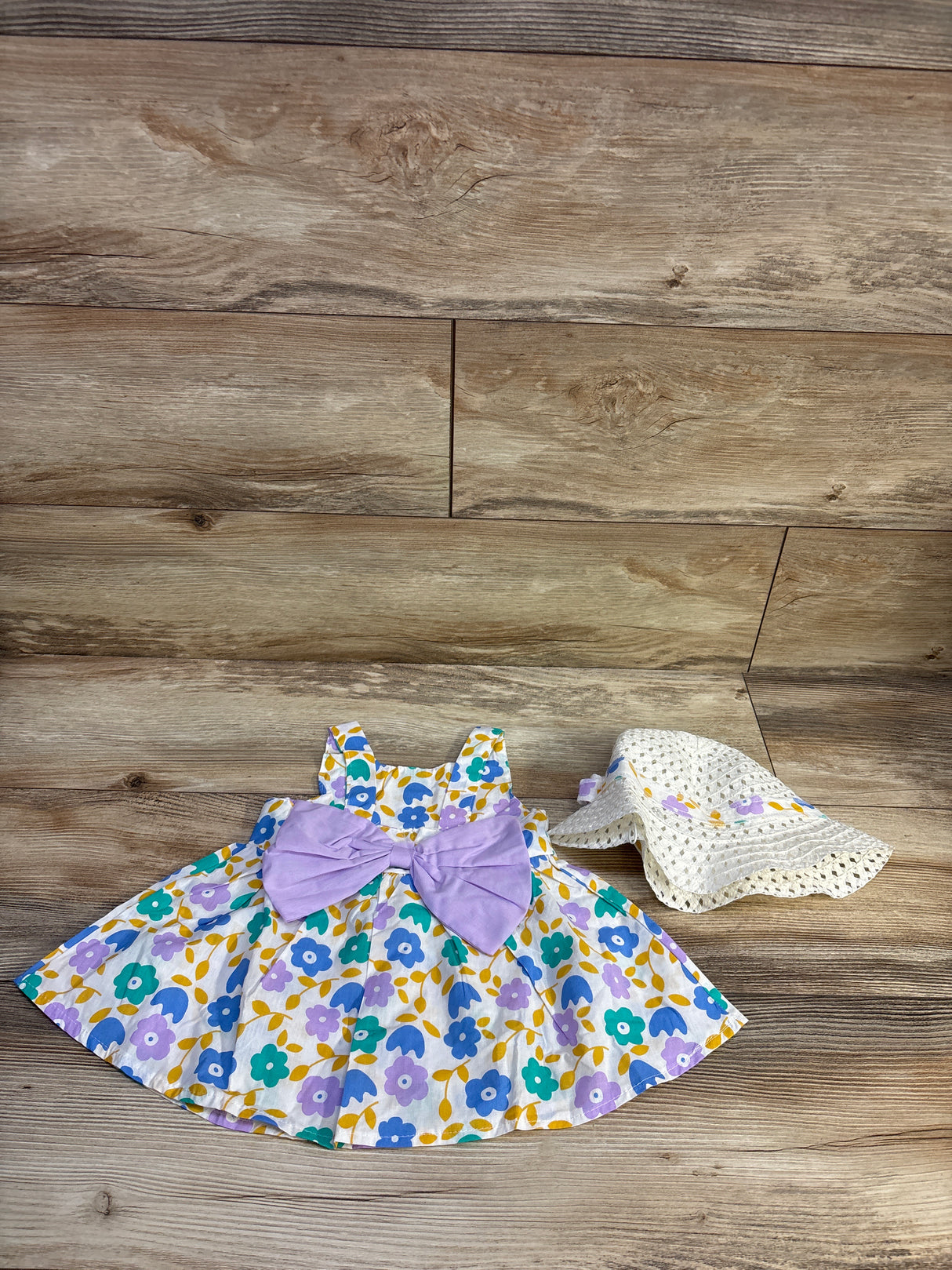 2pc Floral Sleeveless Bowknot Dress & Straw Bucket Hat White sz 6m