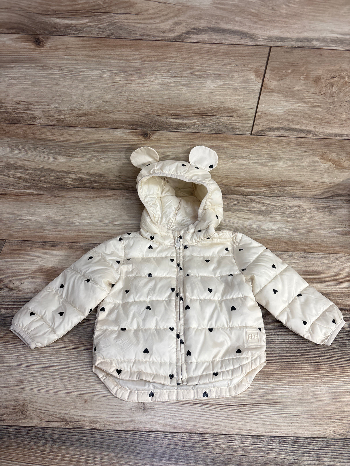 Baby Gap Lightweight Puffer Jacket Ivory/Black Hearts sz 18-24m