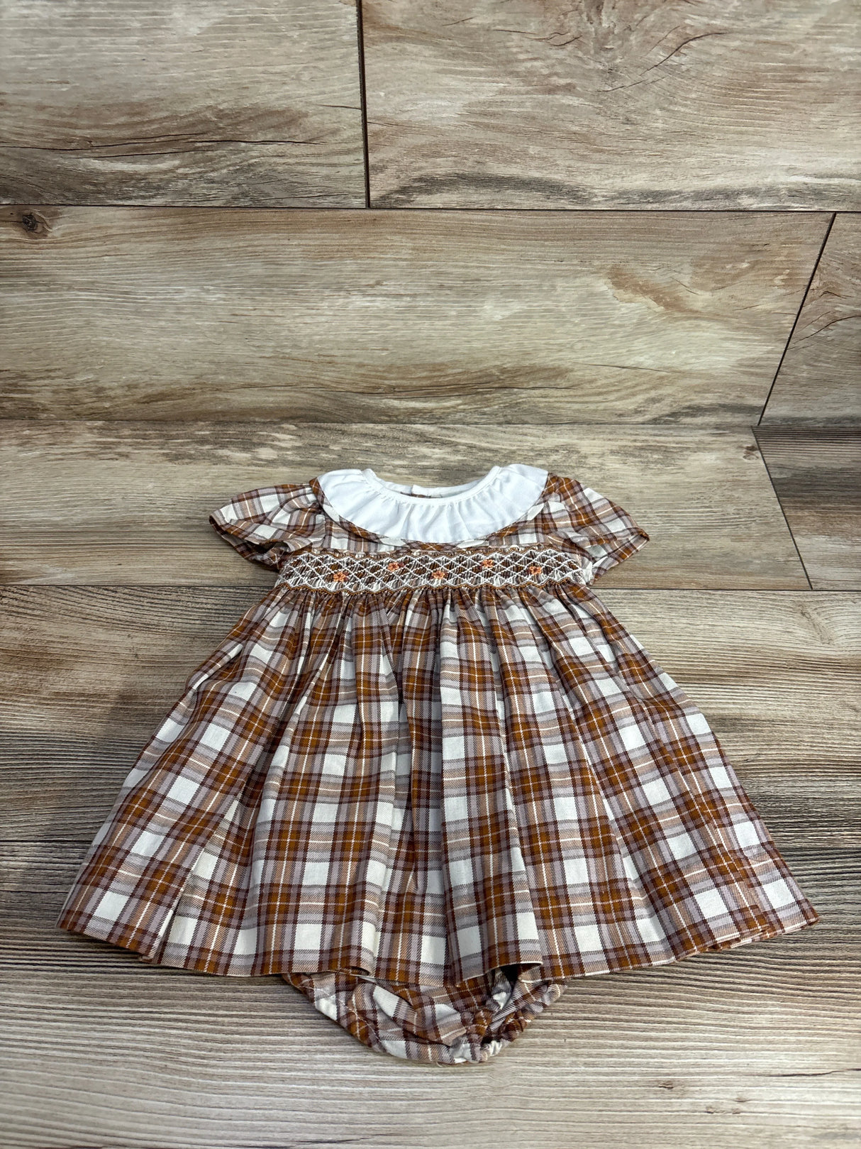 NEW Edgehill Collection Smocked Peter Pan Collar Dress & Bloomers 2pc Brown sz 3m