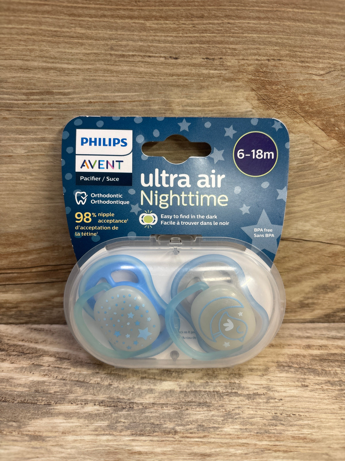 NEW Philips Avent Ultra-Air Nighttime 2pk Pacifiers Blue 6-18m