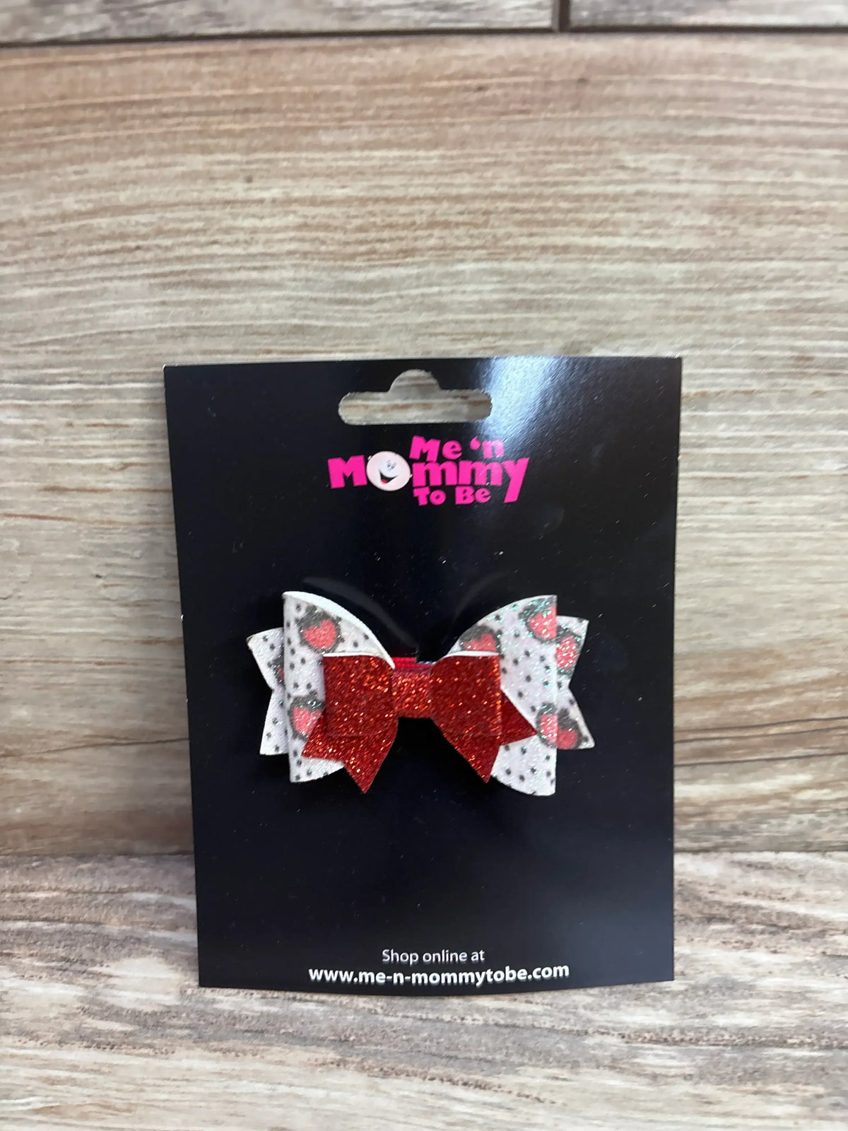 Red glitter and white polka dot baby hair bow on black card, kids accessory for sale
