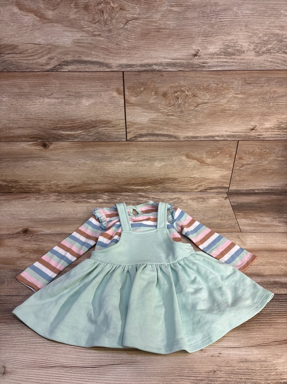 Baby girl pastel striped long sleeve top with mint green corduroy pinafore dress