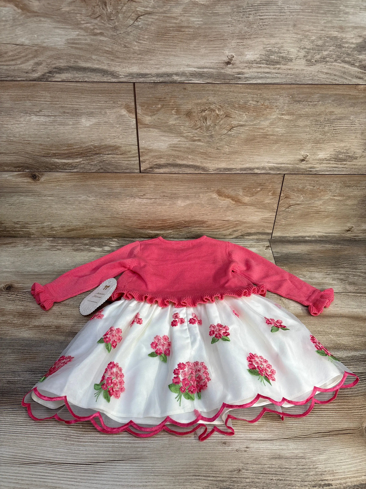 Top view of American Princess 2pc embroidered dress and cardigan set in pink showcasing floral details on wood background