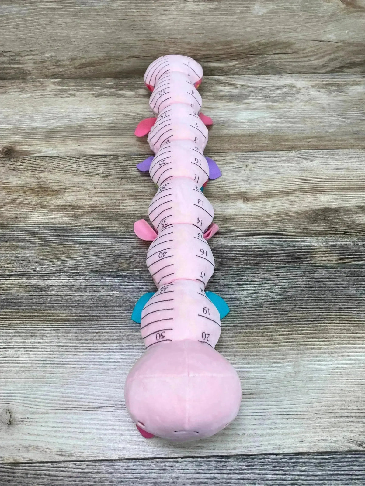 Top-down view of Sumobaby caterpillar plush with numbered measurement markings on pink segmented body and fabric feet on wood