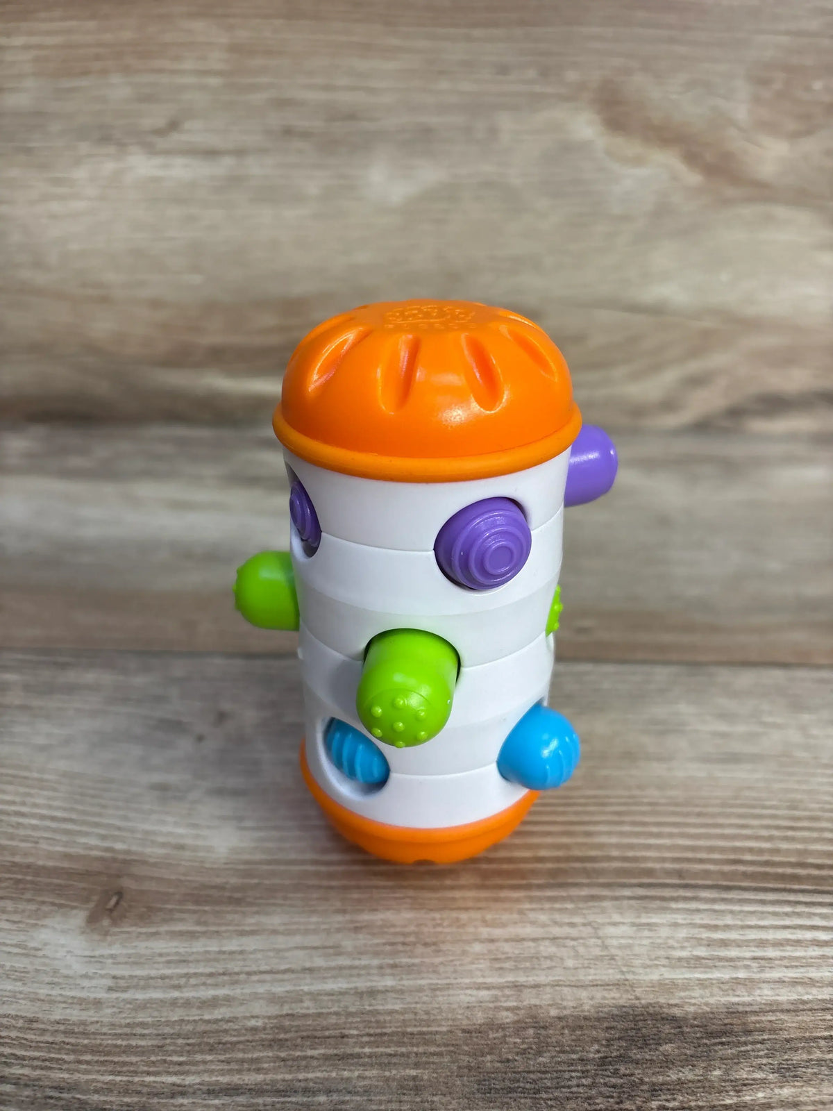 Front view of Fat Brain Toys Rolio Rattle showcasing colorful textured pegs on a wood-grain background