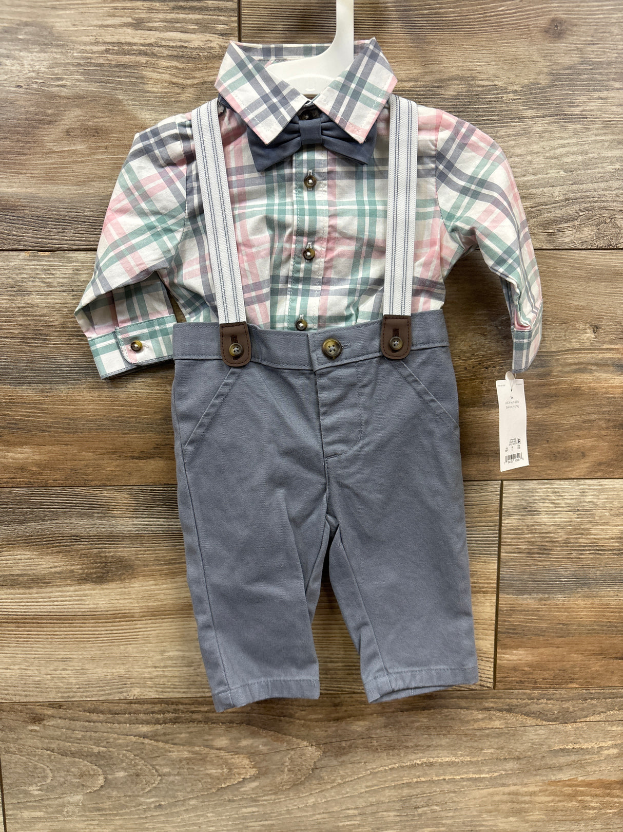 NEW Just One You 3pc Plaid Shirt & Suspenders Set White sz 3m