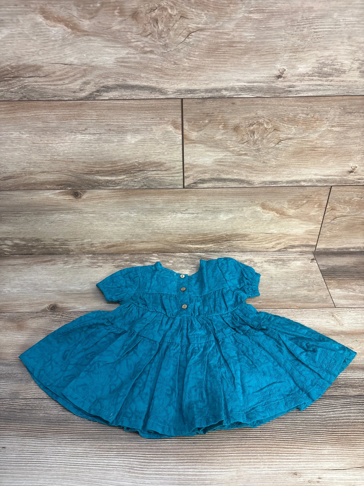 Overhead view of Poppet & Fox Sweet Party Dress for 9-12 months, with puff sleeves, front buttons, and full skirt