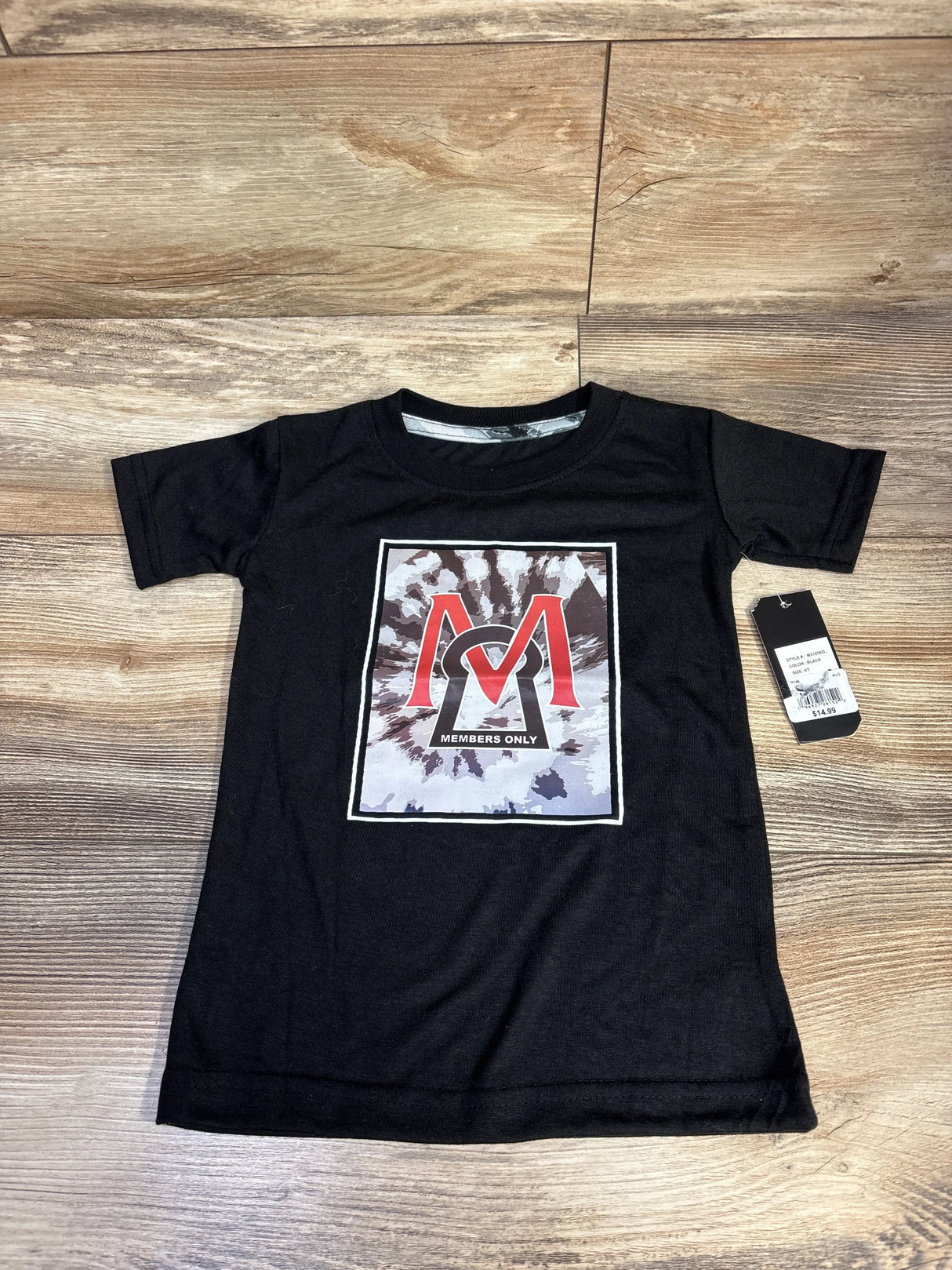 Black Members Only t-shirt with red and gray logo on wood floor, new with tag $14.99