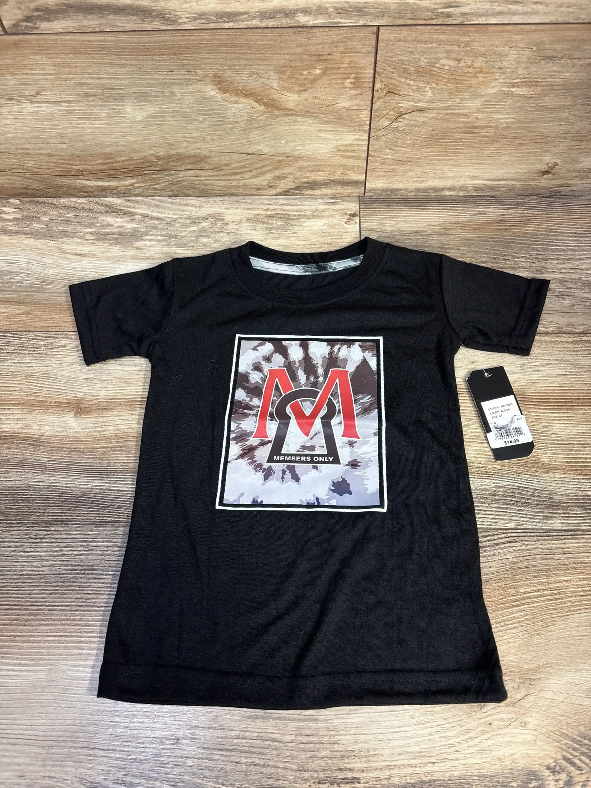 Black Members Only t-shirt with red and gray logo on wood floor, new with tag $14.99