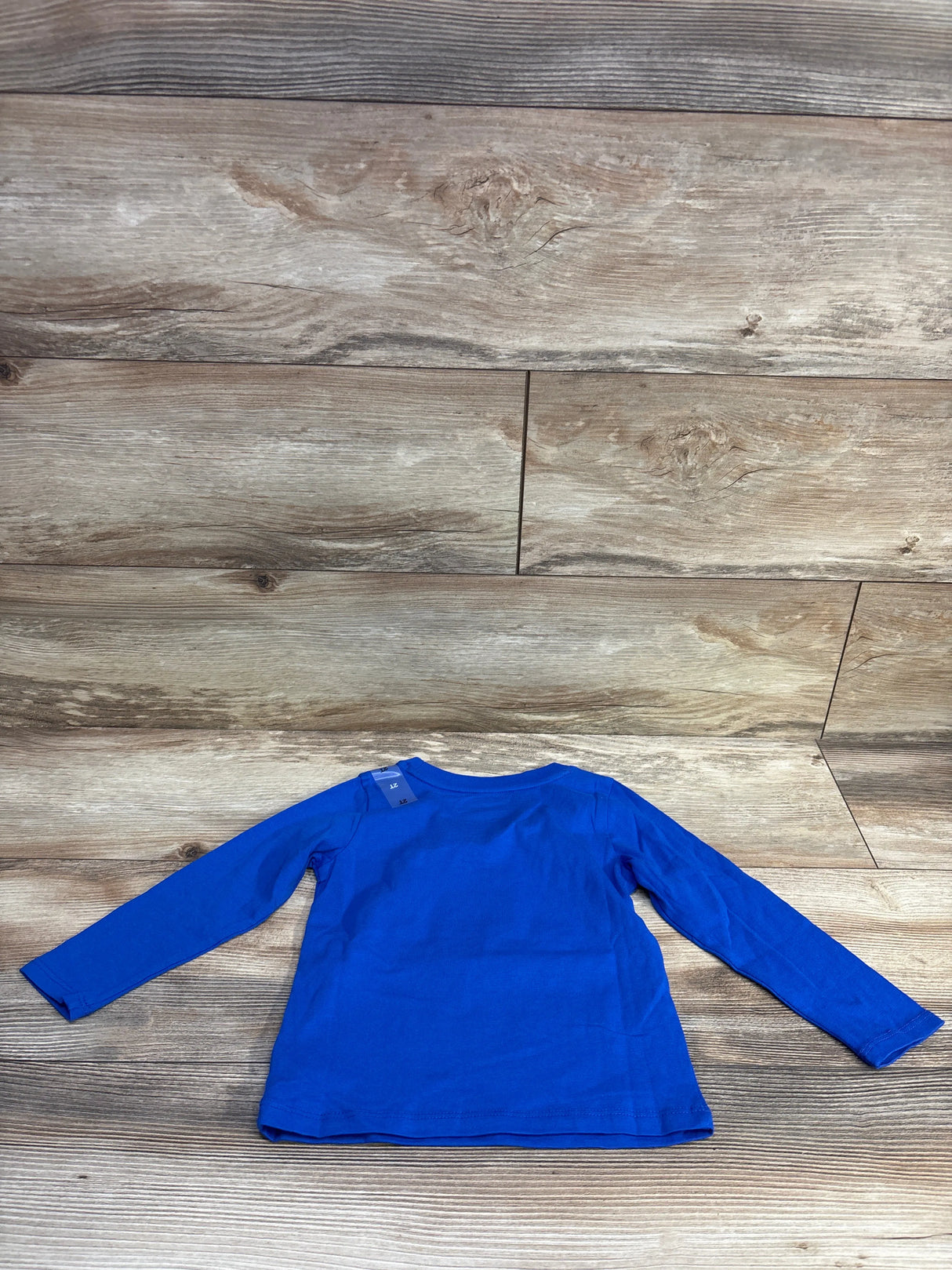 Back view of toddler long-sleeve shirt showcasing solid blue color and crew neckline on wood plank background