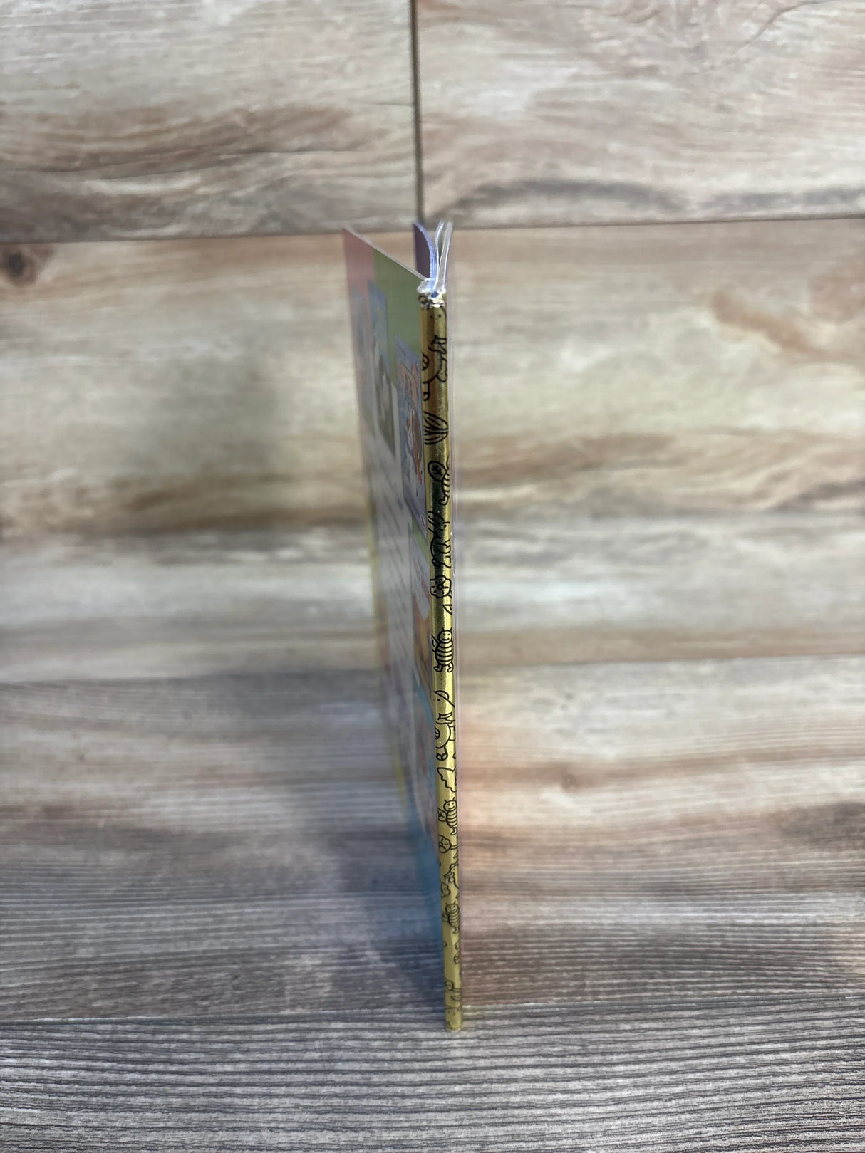 Thin children's board book standing on wood surface, visible illustrated spine