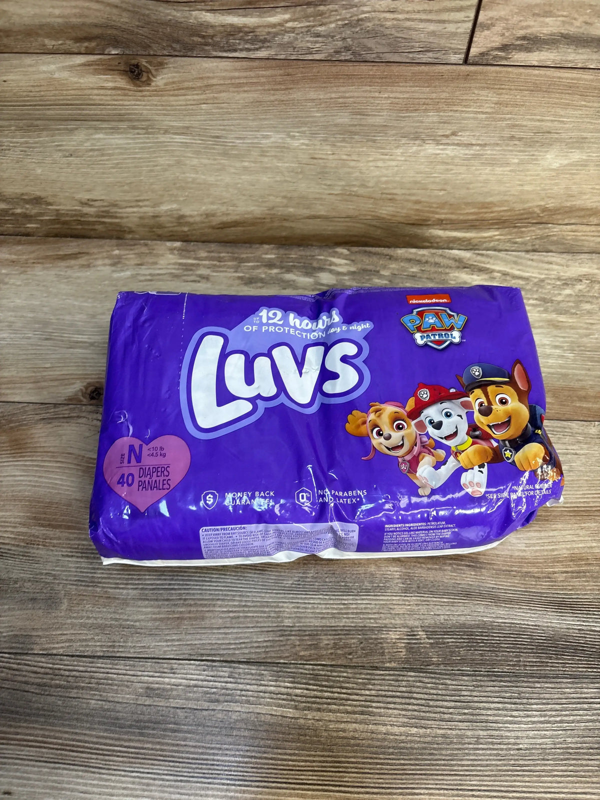 Luvs Size N diapers with Paw Patrol, 40 count, up to 12 hours protection, no parabens or latex