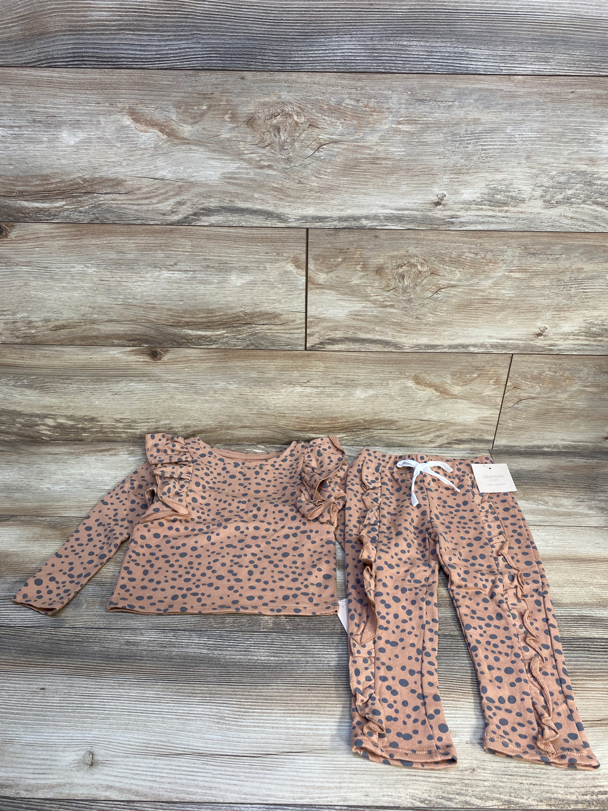 NEW Grayson Mini 2pc Spotted Ruffled Shirt & Bottoms Set Brown sz 3T