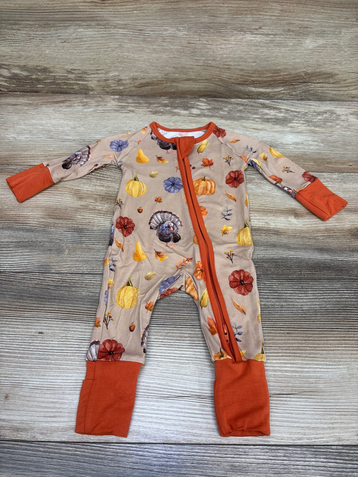 Little Crowns & Capes Bamboo Turkey Pumpkin Print Convertible Sleeper Beige sz Newborn