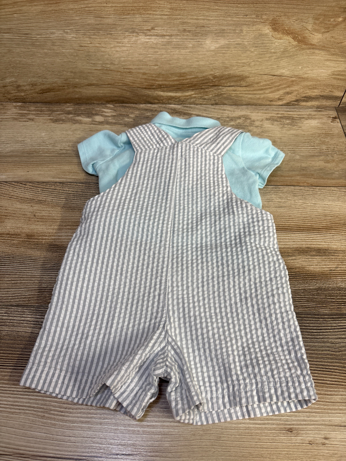 Little Me 2pc Polo Shirt & Seersucker Shortalls Set Blue sz 6m