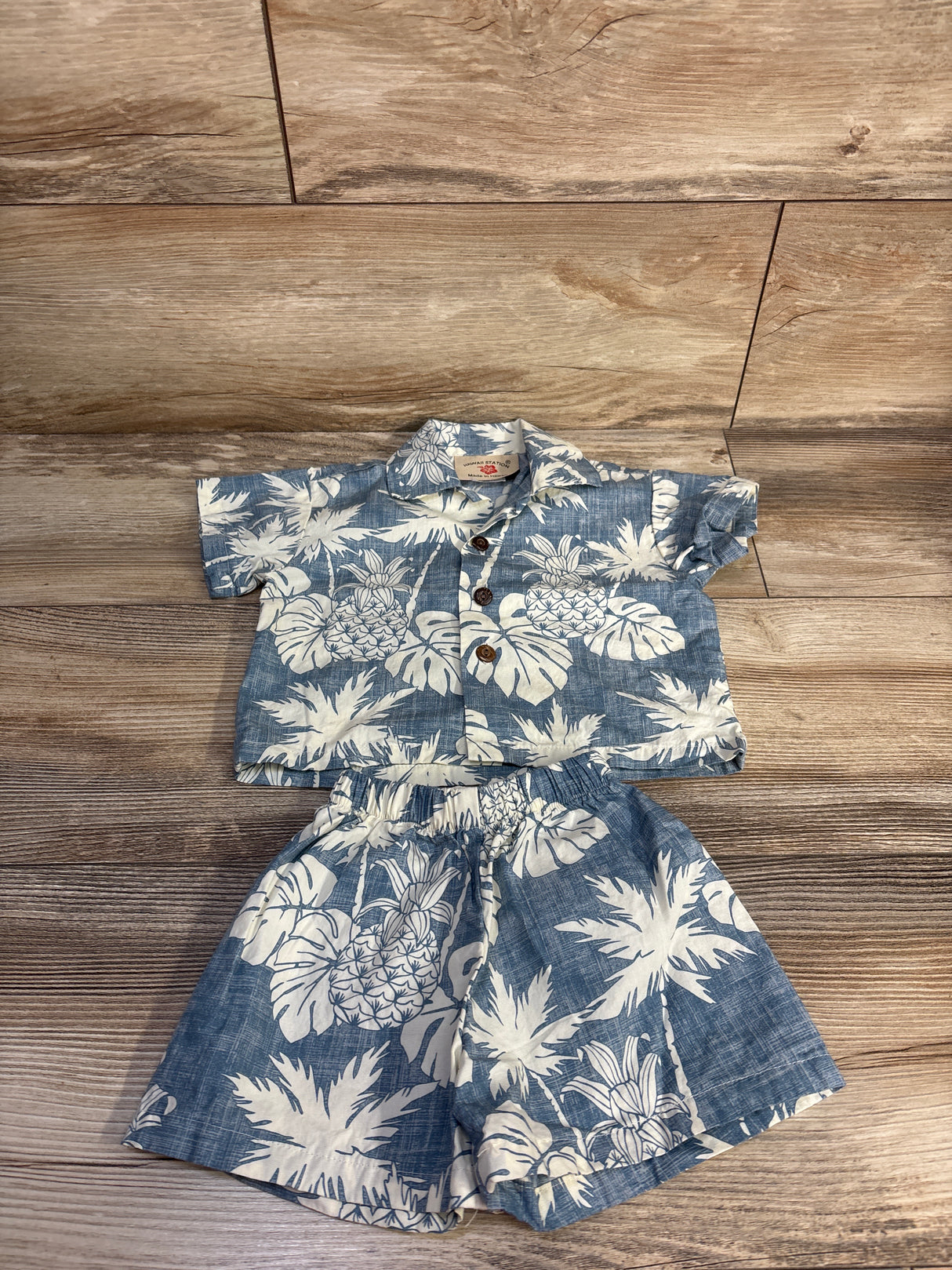 Hawaii Station 2pc Button-Up Shirt & Shorts Cabana Set Blue sz 6m