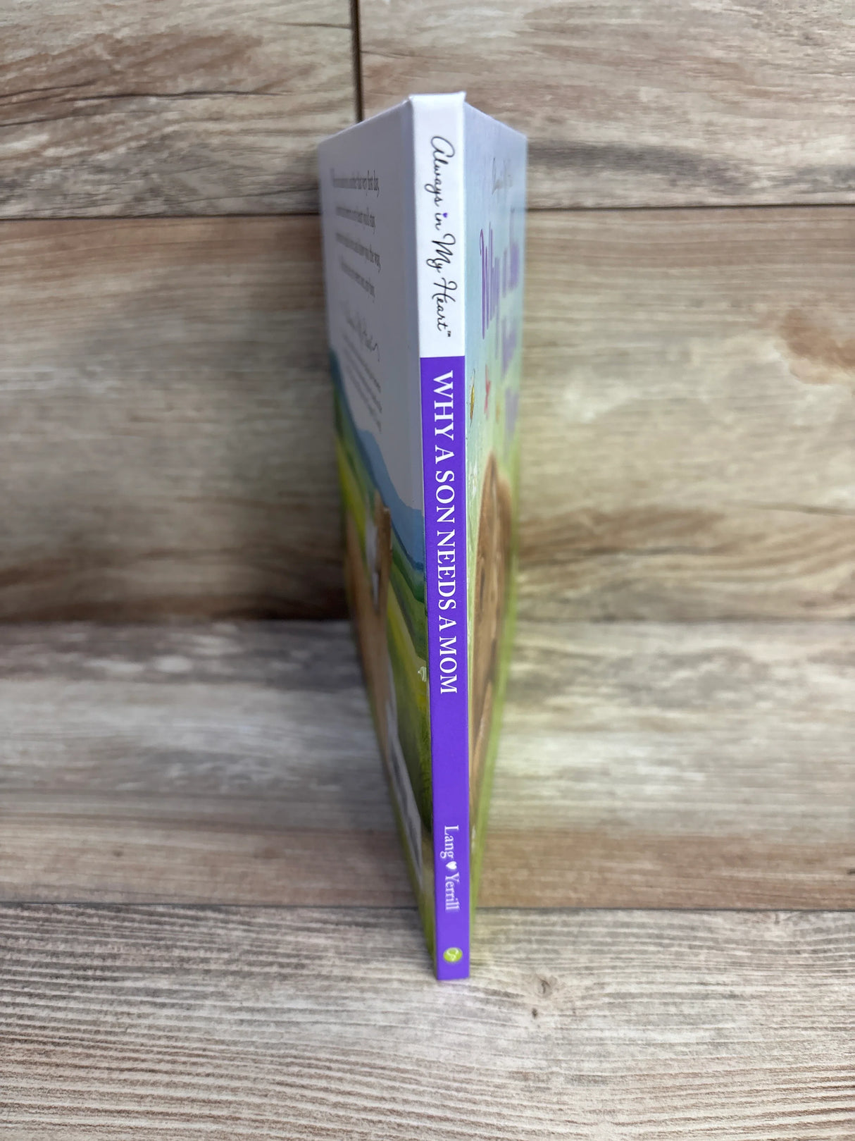 Spine of the book 'Why a Son Needs a Mom' by Lang Vernil against wood background