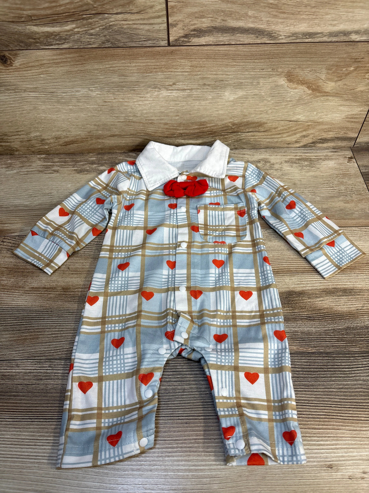 Heart Print Plaid Coverall Light Blue sz 3-6m