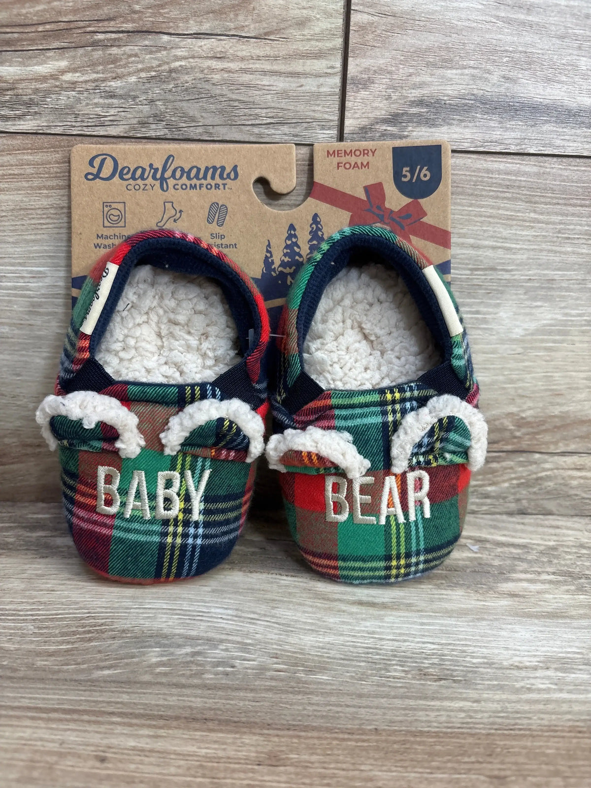 Baby Bear plaid slipper socks with cozy memory foam, size 5/6, machine washable & slip resistant
