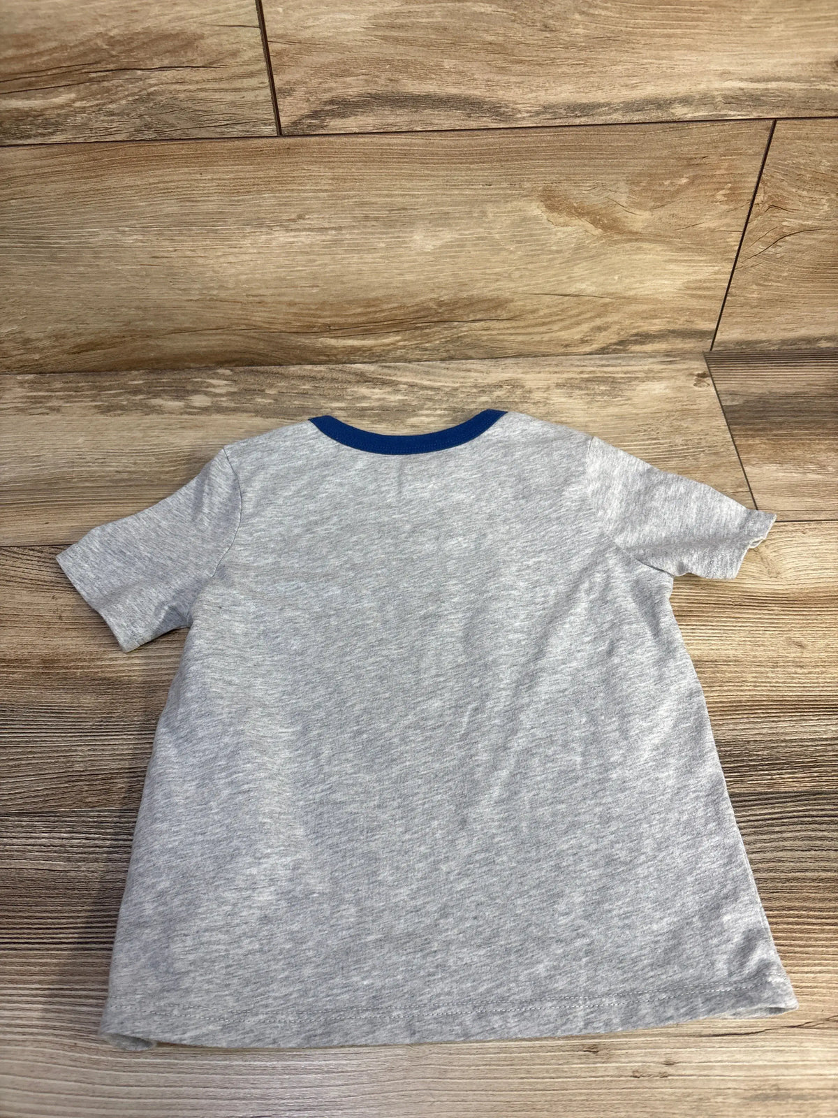 Back view of Wonder Nation Roarsome Shirt in grey, showcasing short sleeves and crew neck on a wood floor