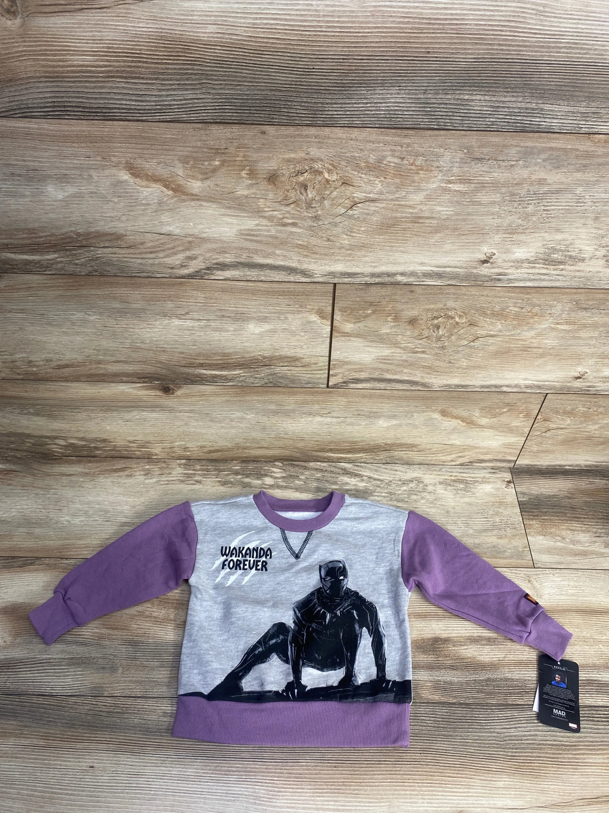 Kids sweatshirt with Black Panther graphic and "Wakanda Forever" text, grey body and purple sleeves
