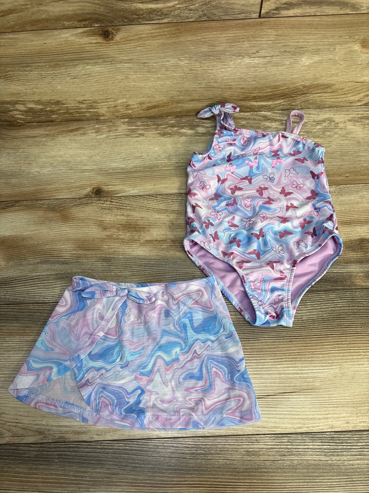 B4 All Butterfly One-Piece Swimsuit & Skirt 2pc Set Purple sz 5/6T