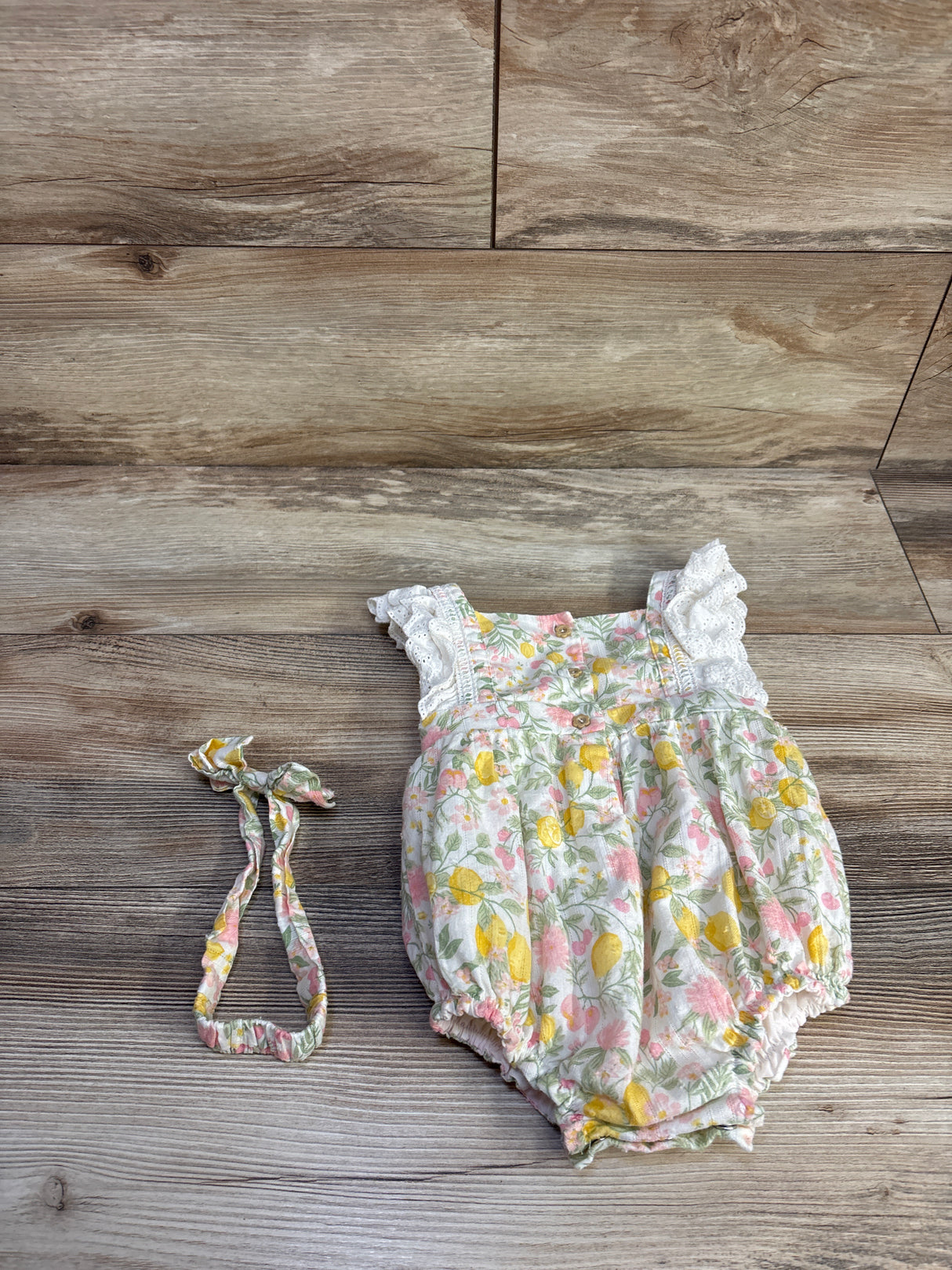 Happily Grey 2pc Lemon Print Bubble Romper & Headband Set White sz 6/9m