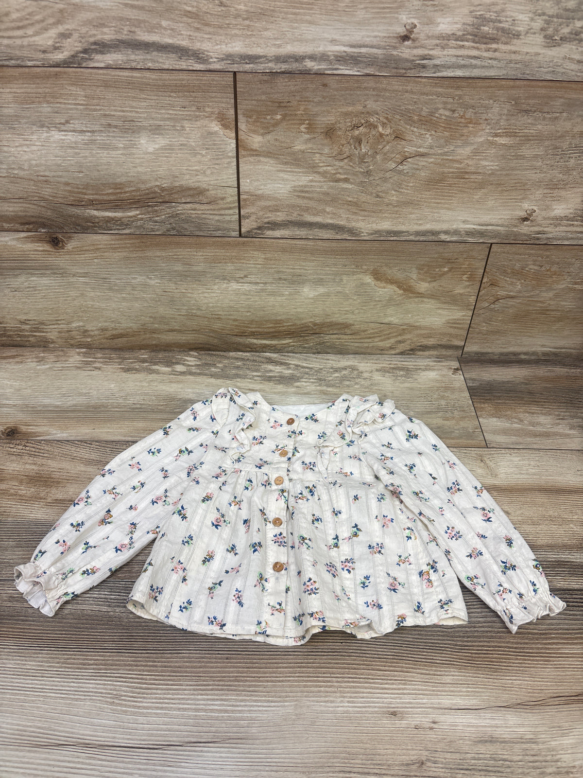 Zara Long Sleeve Floral Button-Front Shirt Ivory sz 18-24m