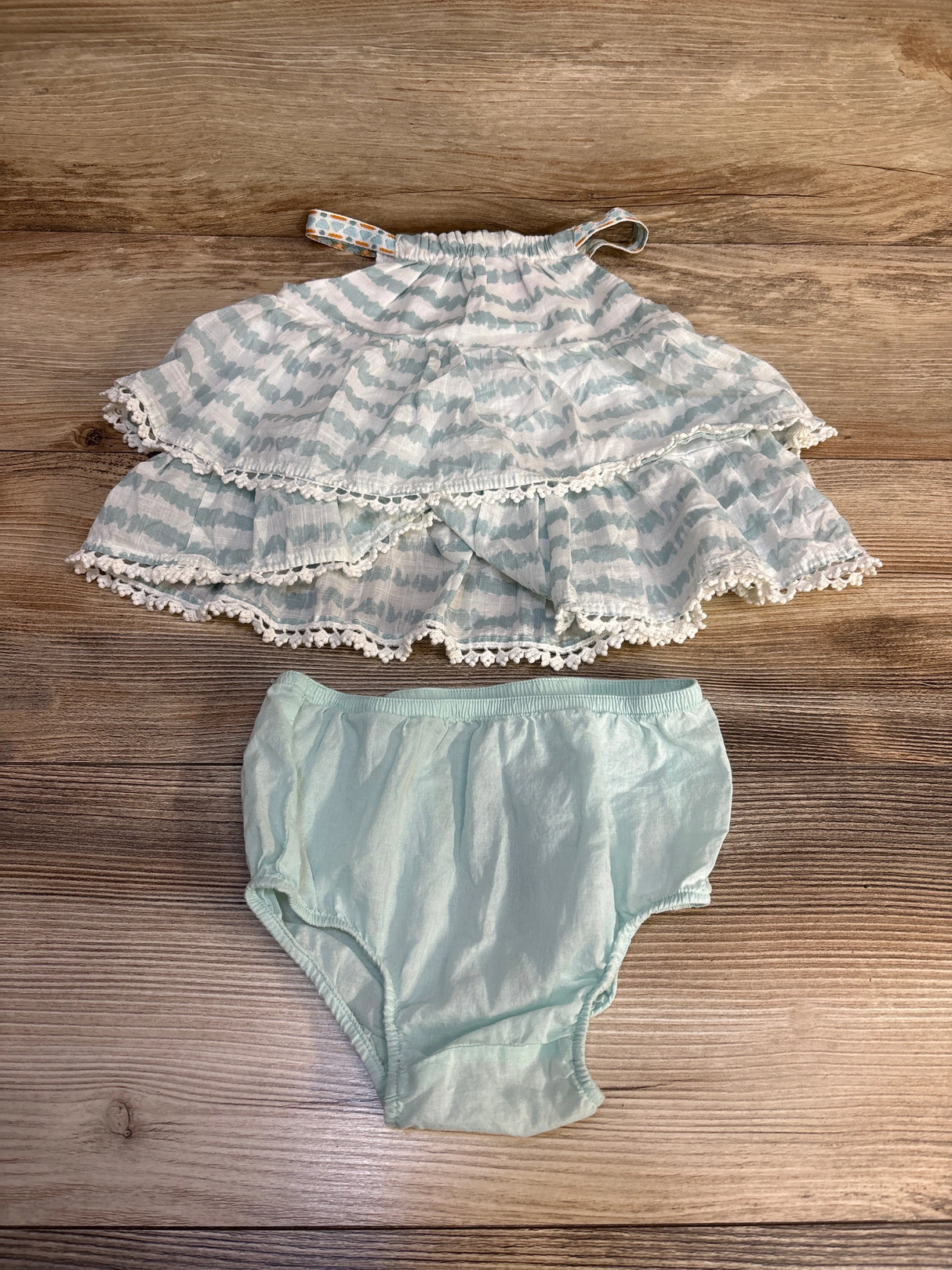 Baby girl’s ruffled mint green bikini set with lace trim, perfect for summer swimwear or beach outfits.