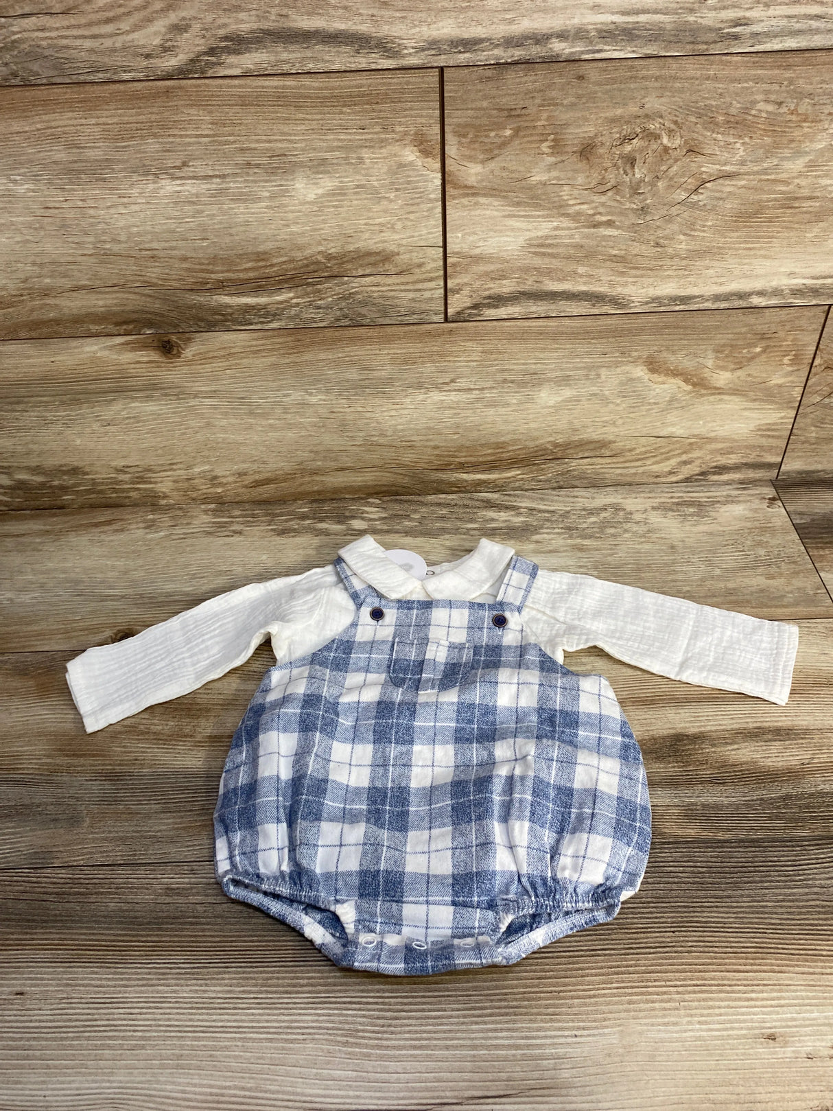 NEW Mudpie 2pc Plaid Bubble Romper & Muslin Long Sleeve White sz 3-6m