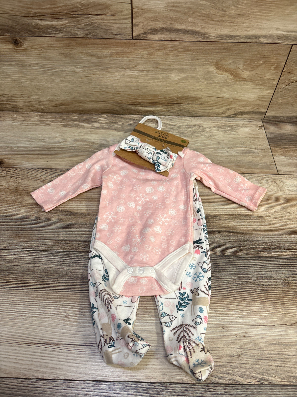 NEW Chick Pea 3pc Bodysuit, Footed Pants, & Headband Set Pink sz 0-3m