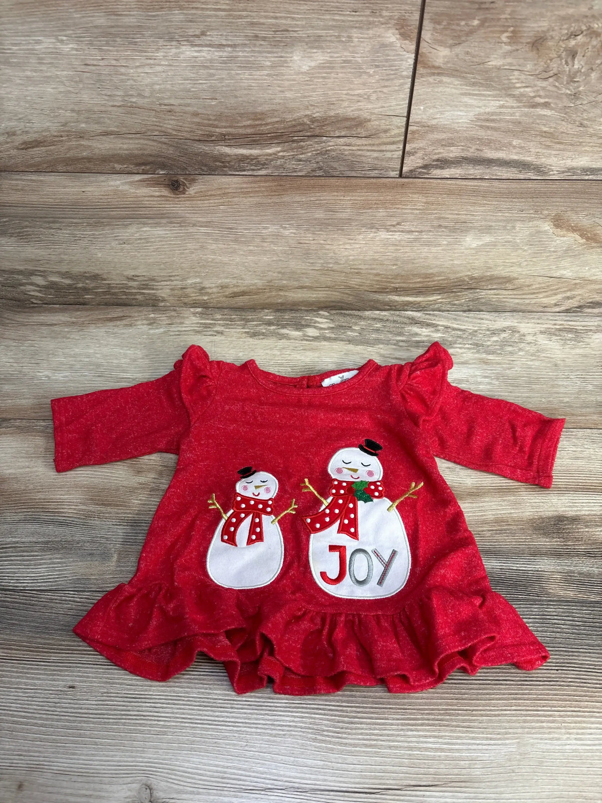 Red baby dress with snowmen and 'JOY' design, festive holiday outfit for infants