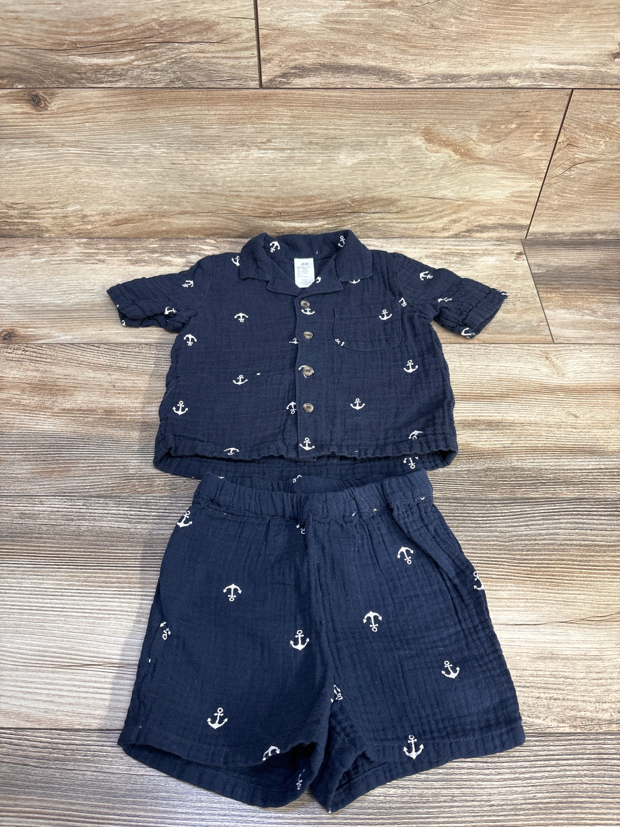 H&M 2pc Gauze Button Up Shirt & Shorts Set Navy sz 12m