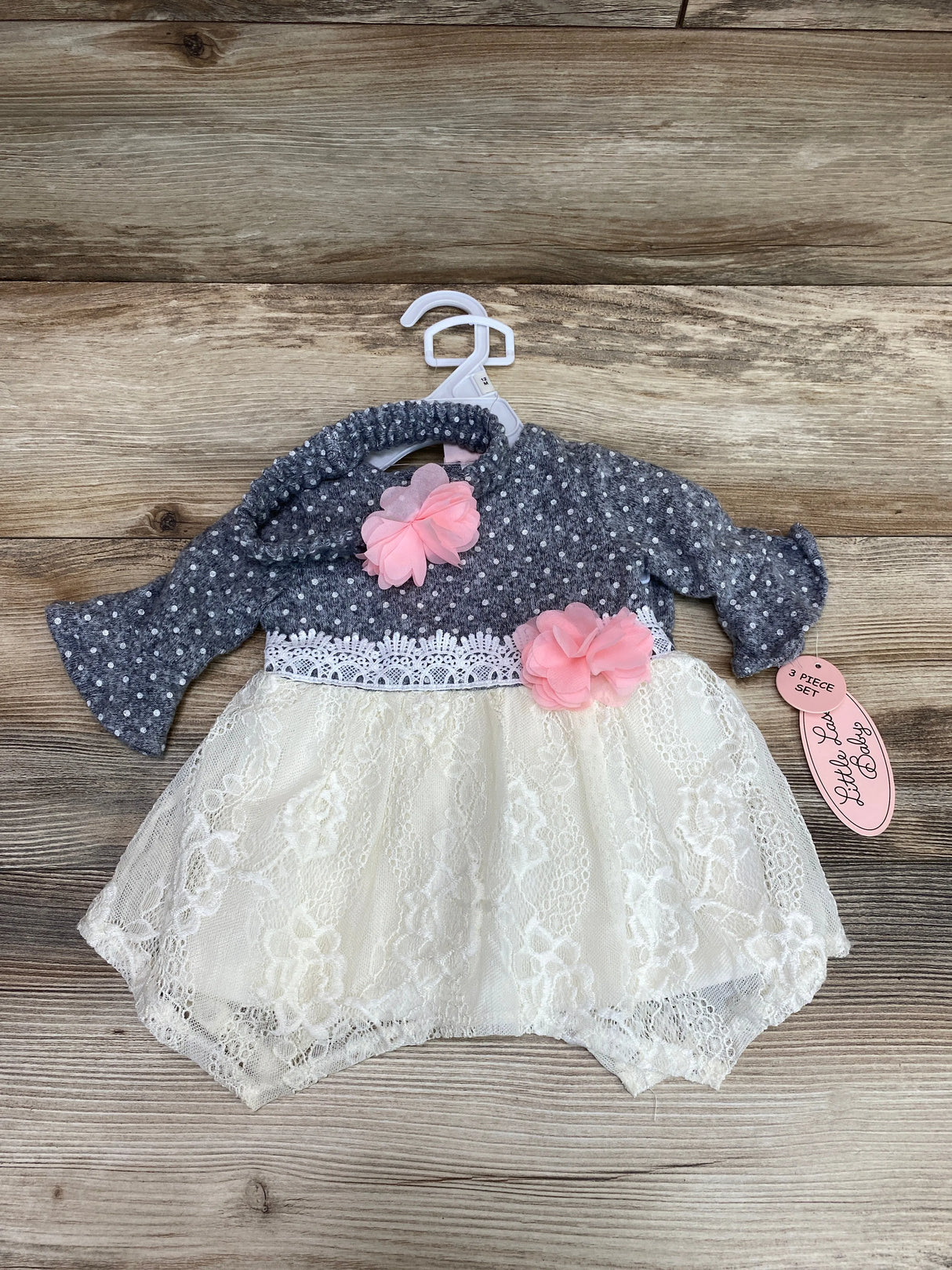 NEW Little Lass 3pc Polka Dot Dress Set Grey sz 12m - Me n Mommy To Be