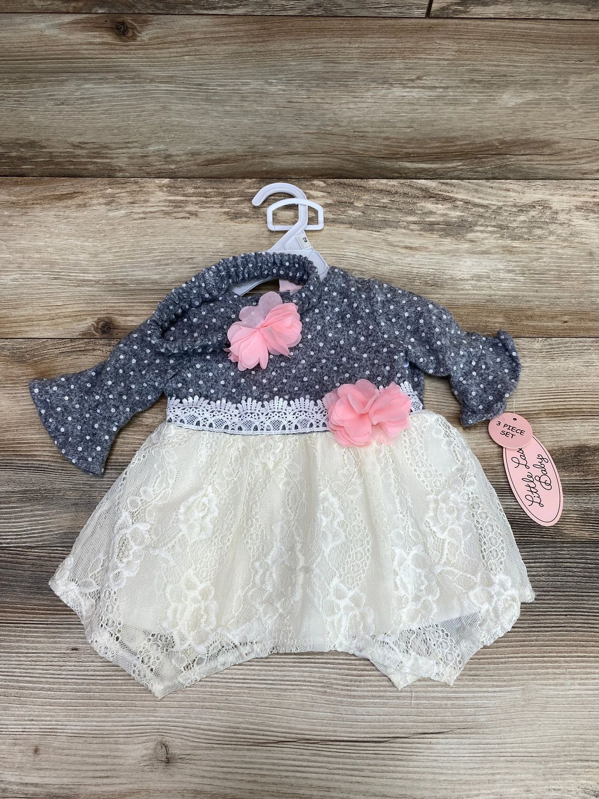 NEW Little Lass 3pc Polka Dot Dress Set Grey sz 12m - Me n Mommy To Be