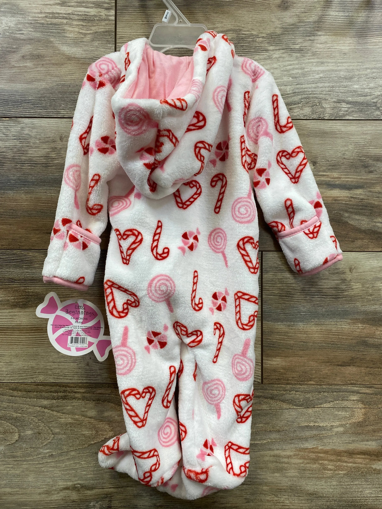 Baby fleece hooded sleeper with candy cane and lollipop print, pink and red pattern
