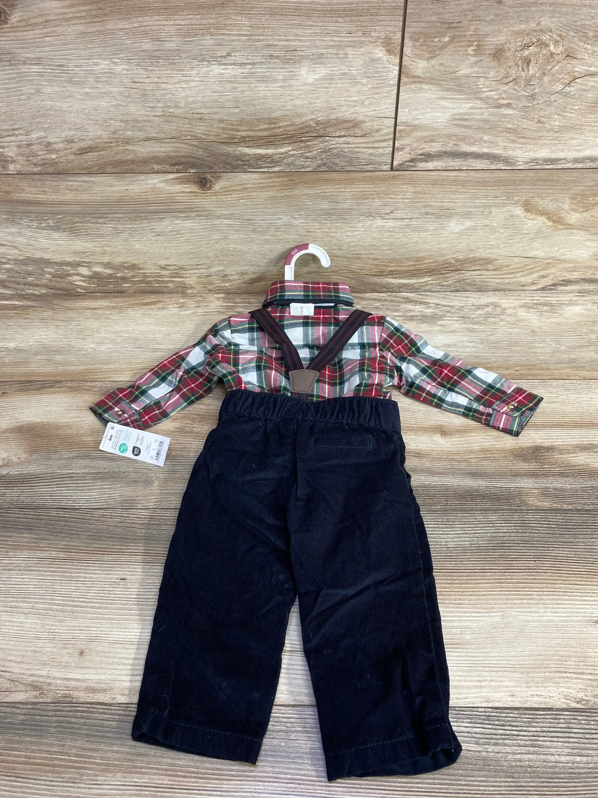 Baby boy 6M plaid shirt with navy corduroy suspenders pants set on hanger