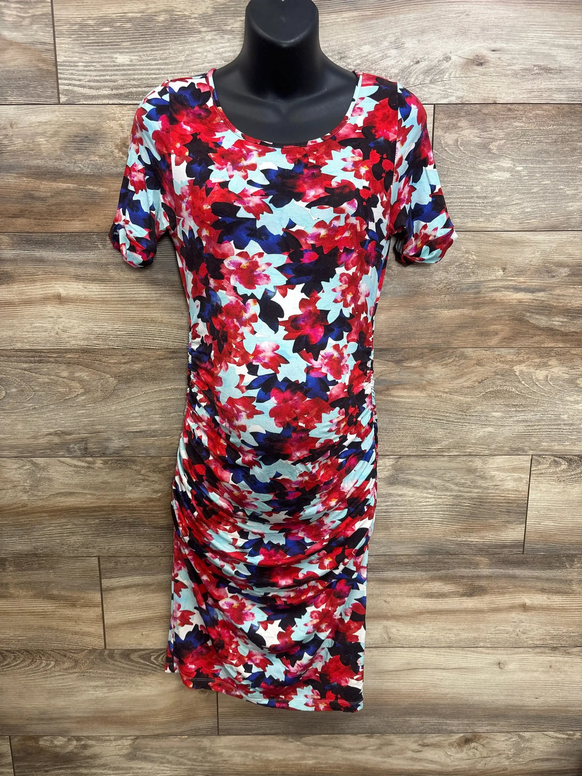 Front view of red Isabella Oliver for Pea in The Pod maternity dress showcasing short sleeves, round neck, and ruched sides