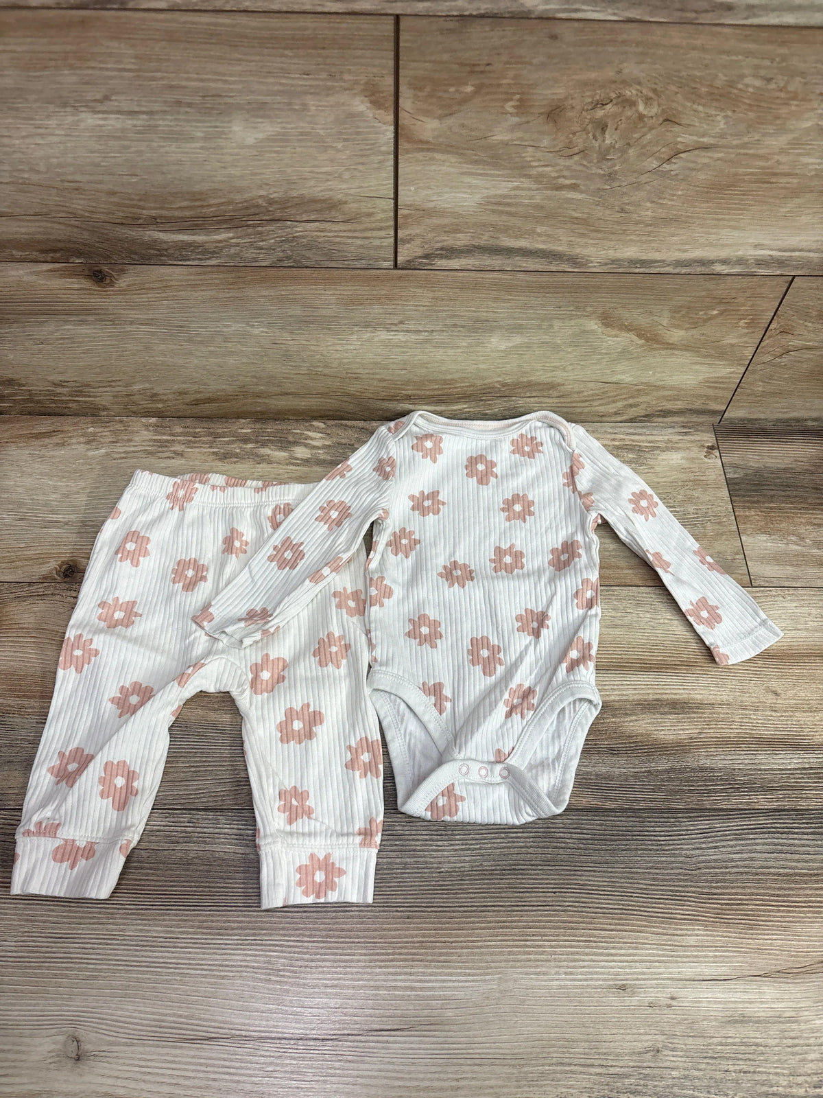 Cloud Island ribbed white baby bodysuit and pants set with pink floral print, size 12m