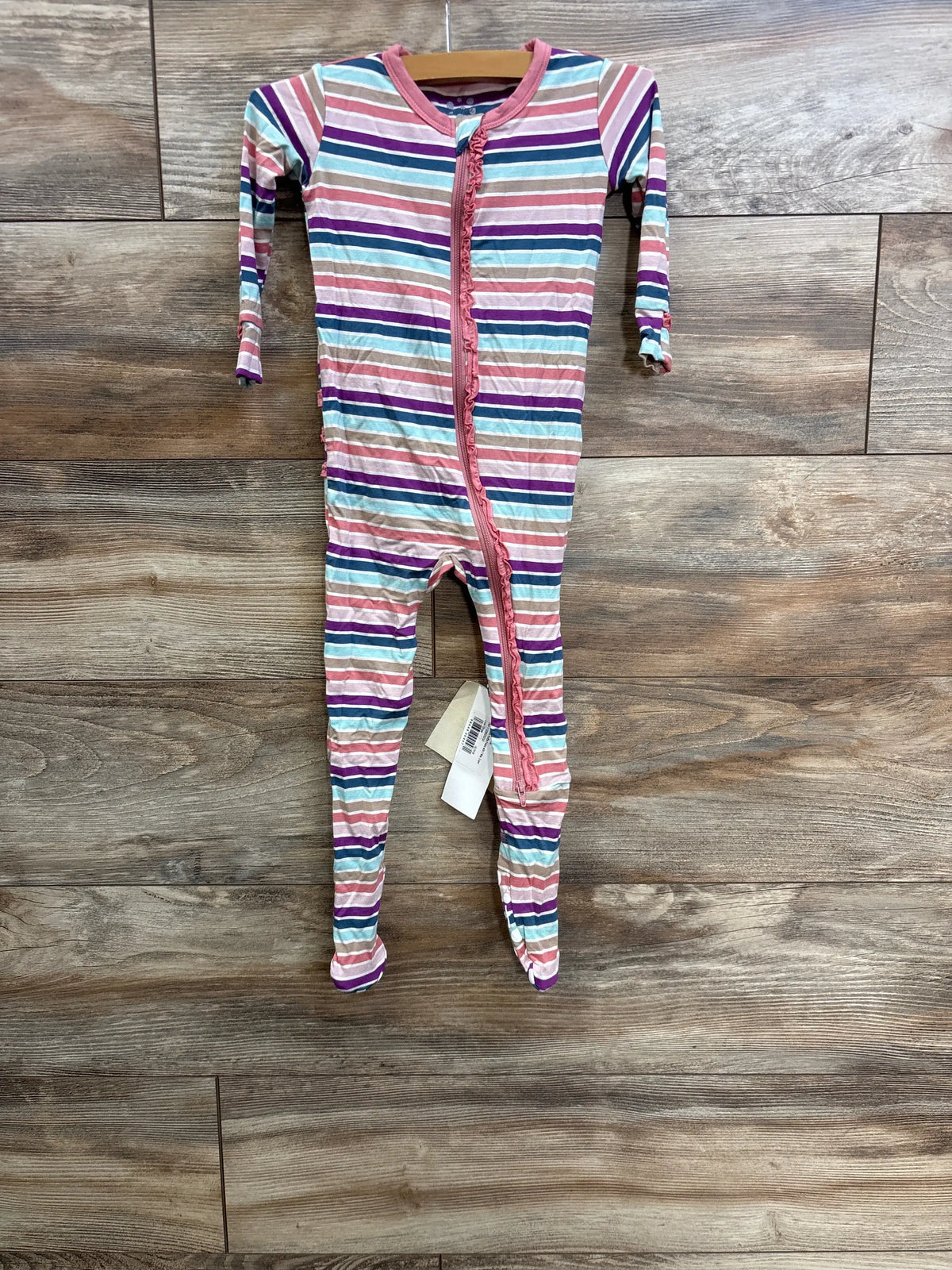 Kickee Pants Love Stripe Ruffle Zip Footie in pink and blue, size 18-24m
