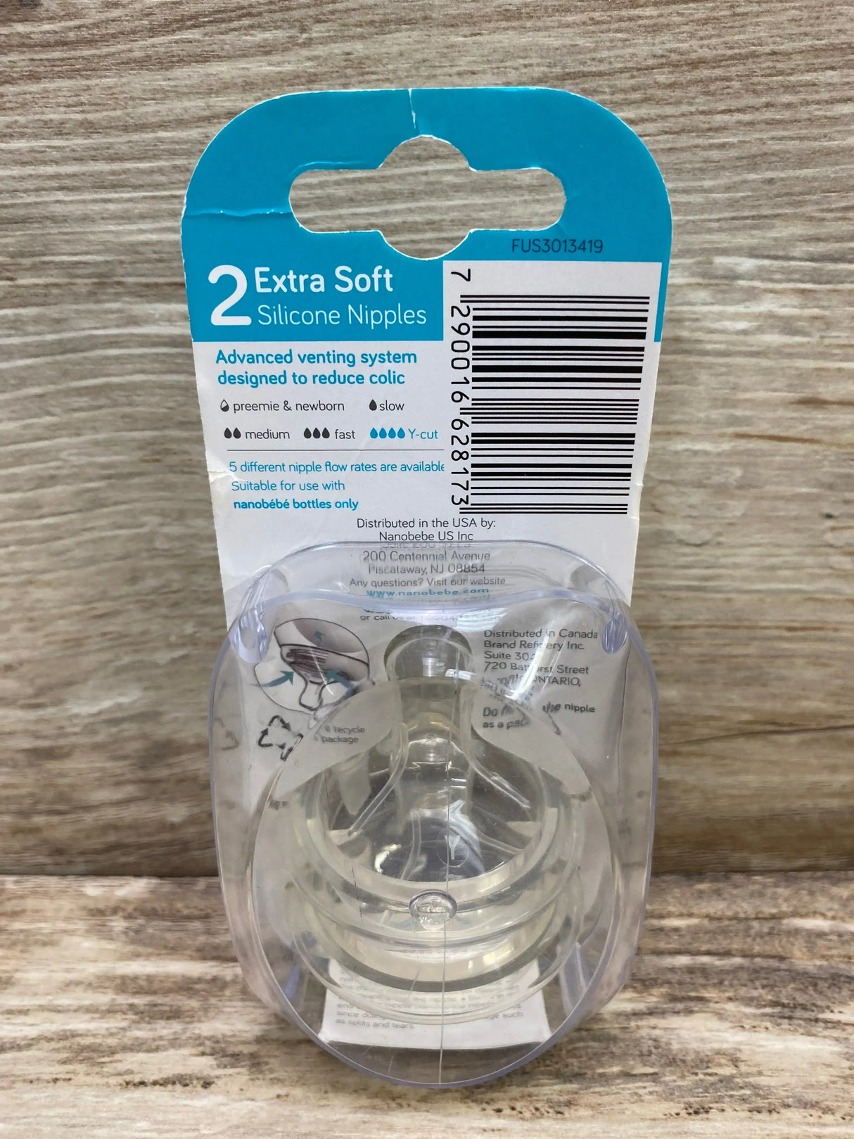 Close-up front view of Nanobebe silicone nipples 2-pack showcasing Y-cut teat and soft silicone texture on white background