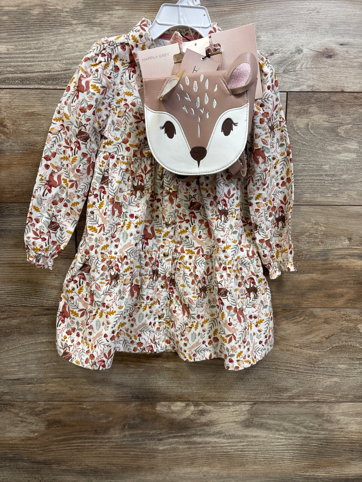 NEW Happily Grey 2pc Long Sleeve Fall Dress & Deer Bag Ivory sz 3T