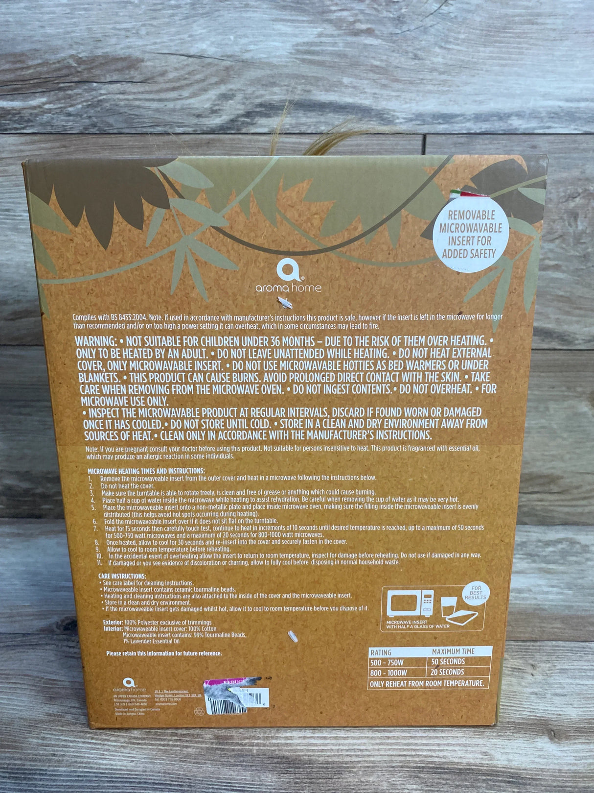 Back of Aroma Home microwavable insert package with safety and heating instructions